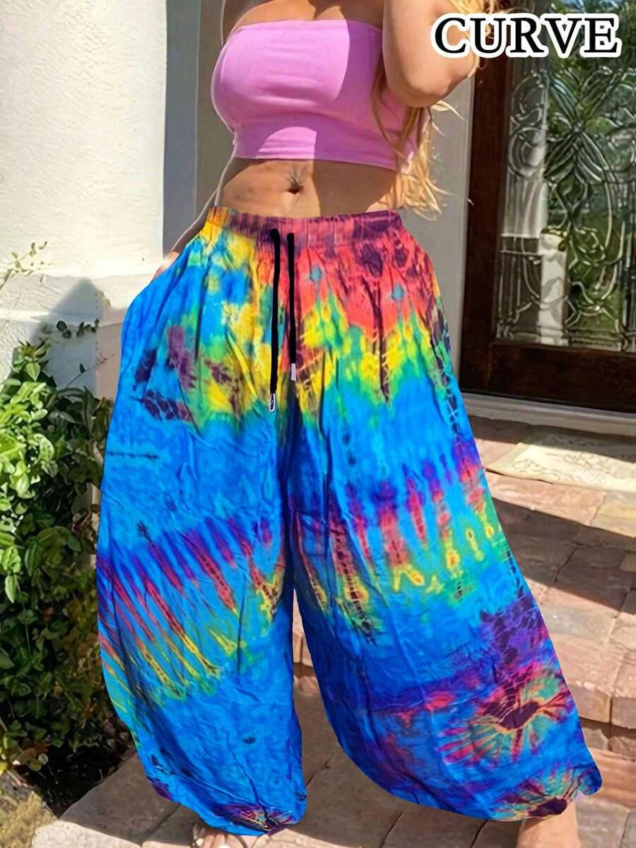 大码女式宽松扎染阔腿裤，适合度假和春季穿着