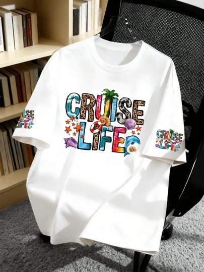 Plus Size Letter Graphic Short Sleeves T-Shirt,Suitable For Daily Wear, Outings, Festivals, Beaches, Gatherings, School, Music Festivals, Vacations, Commuting, And Going Out