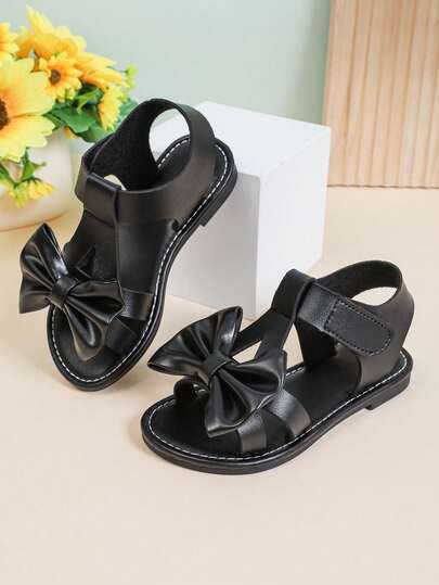 1双黑色加大码幼儿/小女孩平底凉鞋，纯色PU鞋带配大蝴蝶结装饰，闭合式，露趾，奢华时尚罗马凉鞋，适合3-15岁女孩，休闲、派对、旅行，2025春夏款