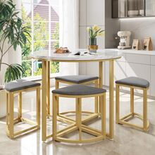 Dining Set With Four Chairs, Dining Table With MDF Top And Gold Iron Frame, Velvet Chairs, Modern And Luxurious Style, Grey - White - View 3