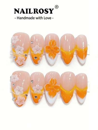 NAILROSY Original Marke 10 Stück/Set mandelförmige 3D geprägte handgefertigte Nagel Aufkleber, Braut Zeremonie Grundausstattung, rein weiß nude transparent Farben, für den täglichen Gebrauch, versandt aus den USA, Frühling 2026 Neuheit, professionelle Salon Qualität, exquisite Verarbeitung, elegante Geschenkbox Verpackung
