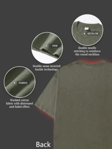 Sensitive Gangsta T Shirt Retro Washed T-Shirt Double Sided Printed 230 Pure Cotton T-Shirt Men's T-Shirt Men's Casual Comfortable Fashionable T-Shirt Street Style Cotton - 軍綠色 - 查看 3