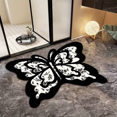 1pc Black & White Asymmetrical Butterfly Absorbent Terrazzo Style 3D Floor Mat, Printed Carpet, Elegant & Fashionable, Easy To Clean, Suitable For Bathroom, Kitchen, Entryway, Machine Washable