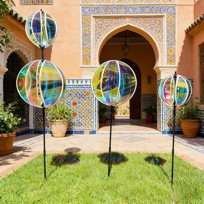 1pc Outdoor Decorative Transparent Wind Spinner, Colorful Film Iridescent Windmill, Wind Vane, Iridescent Reflective Spherical Windmill, Suitable For Scenic Spots, Gardens, Courtyards, Lawns And Gardening Decor