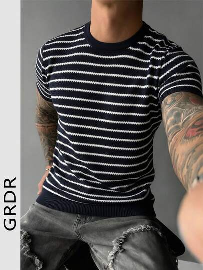  GRDR Summer Breathable Striped Contrast Color Jacquard Short Sleeve Men's Round Neck Slim Fit Commuter T-Shirt