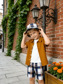 3pcs Boys' Summer Set: Yellow Collar Shirt + Yellow & Blue Plaid Shorts + Matching Sun Hat, Casual Stylish Kids Outfit - Brown - View 3