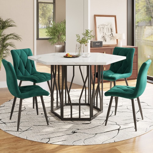 Dining Room Set (5 Pieces), Modern Hexagonal Marble Dining Table + 4 Green Velvet Dining Chairs For A Warm And Modern Dining Room Atmosphere