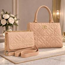 Set Of 2 Pieces: Medium Women's Spacious Versatile Shoulder Bag + Small Modern Embroidered Bag With Chain Strap - Special Offer - Nude - View 1