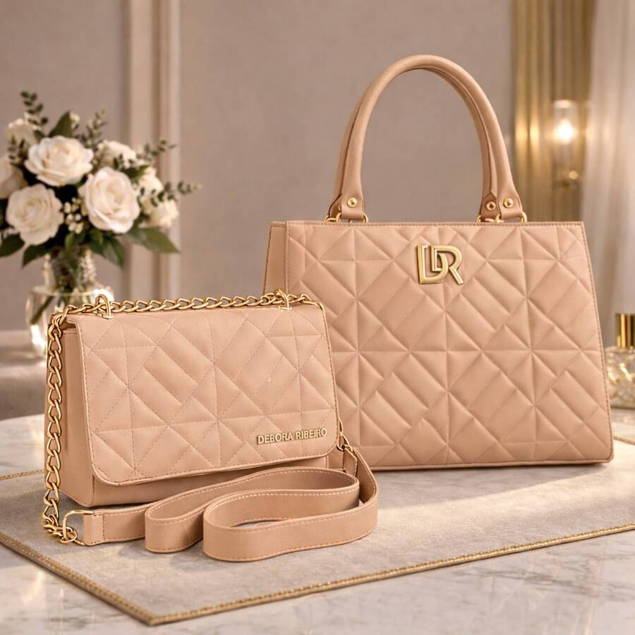 Set Of 2 Pieces: Medium Women's Spacious Versatile Shoulder Bag + Small Modern Embroidered Bag With Chain Strap - Special Offer - Nude - View 1