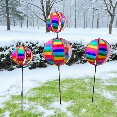 1个户外装饰条纹风车，彩色薄膜彩虹色风车，风向标，彩虹色反光球形风车，适用于风景名胜、花园、庭院、草坪和园艺装饰