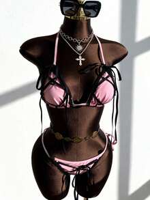 女士露背吊带背心搭配侧系带泳裤，饰以性感黑色缎面滚边，粉色三角比基尼，夏季海滩度假装扮 - 彩色 - 查看 2