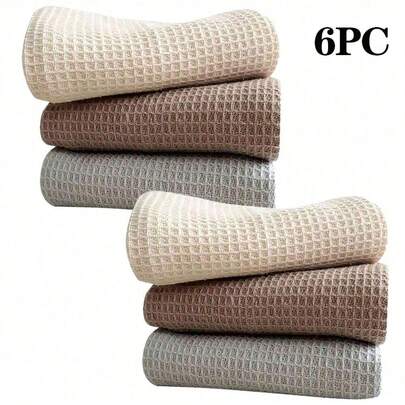 3/6pcs Waffle Dishcloths, Solid Color Kitchen Cleaning Rags, Thickened Absorbent Towels, Mixed Colors