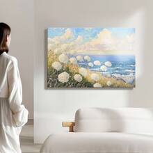 1pc Blue Summer Wall Art, Beach Decor, Ocean Framed Wall Art, Wrapped Canvas Poster Vintage Prints, Field Of Flowers, Ocean Waves, Natural Landscape - Botanical, Realistic Painting,  Atmosphere, Detailed Naturalism Style, Perfect Gift Decor, Wall Art for Living Room Bedroom Office, Hanging Hardware Included - Wrapped Framed Canvas, Horizontal - Lienzo enmarcado - Ver 6