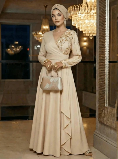 SHEIN Lady Vestido de color albaricoque con bordado floral elegante y cintura ceñida, para otoño, talla grande