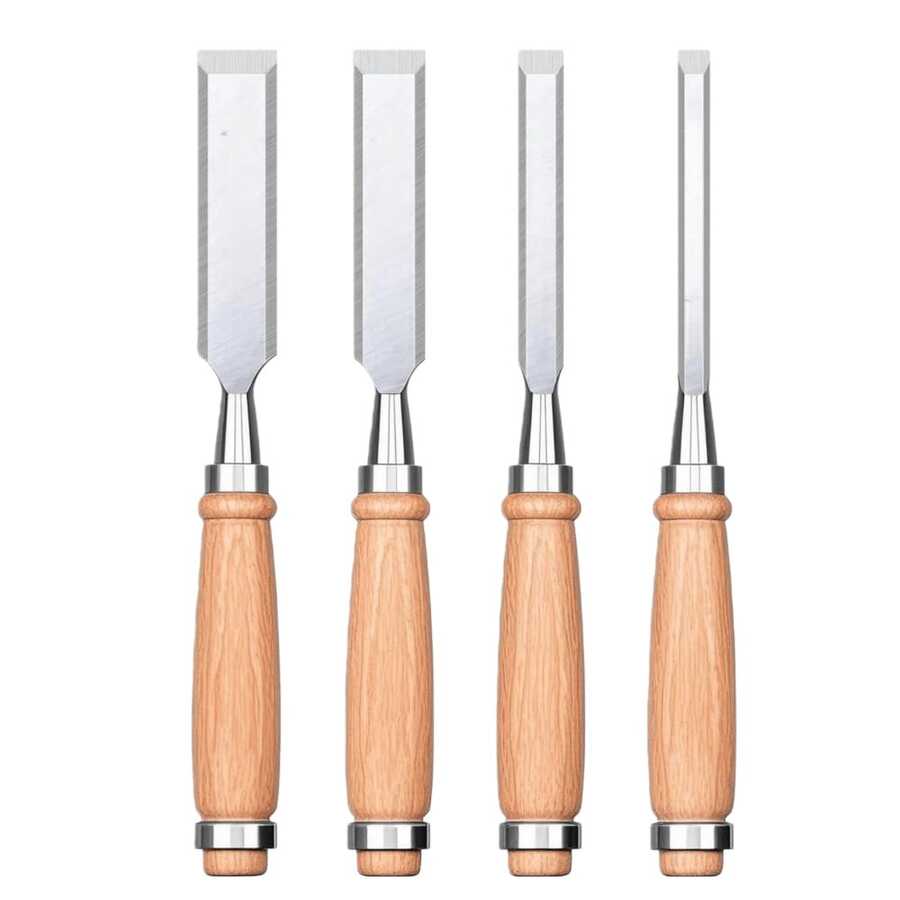 Juego de 4 Cinceles de Madera (1/4", 1/2", 3/4", 1"), Cinceles de Acero de Aleación de Cromo con Borde Biselado, Cinceles de Madera para Trabajos en Madera, Mango de Madera Dura Ergonómico con Virola de Metal - Multicolor - Ver 1