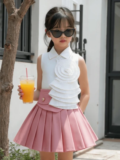 2pcs/Set Baby Girls' Floral Sleeveless Mandarin Collar Top And Pleated Pocket Skirt Casual Outfit, Spring/Summer
