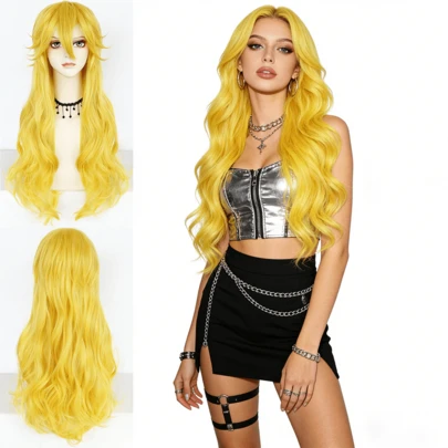 Daily Wear Bright Yellow Long Curly Wig For Women, High Quality Synthetic Hair, Perfect For K-Pop Looks & Light Anime Cosplay
