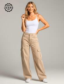 Women's Cargo Jeans, Wide Leg, High Waist, Casual, Beige - Màu be - Xem 1