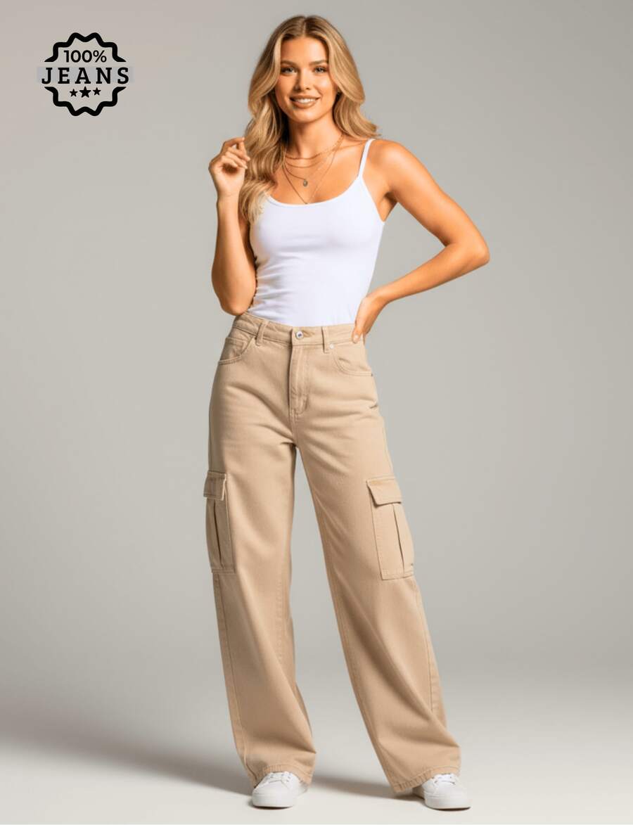 Women's Cargo Jeans, Wide Leg, High Waist, Casual, Beige - Màu be - Xem 1