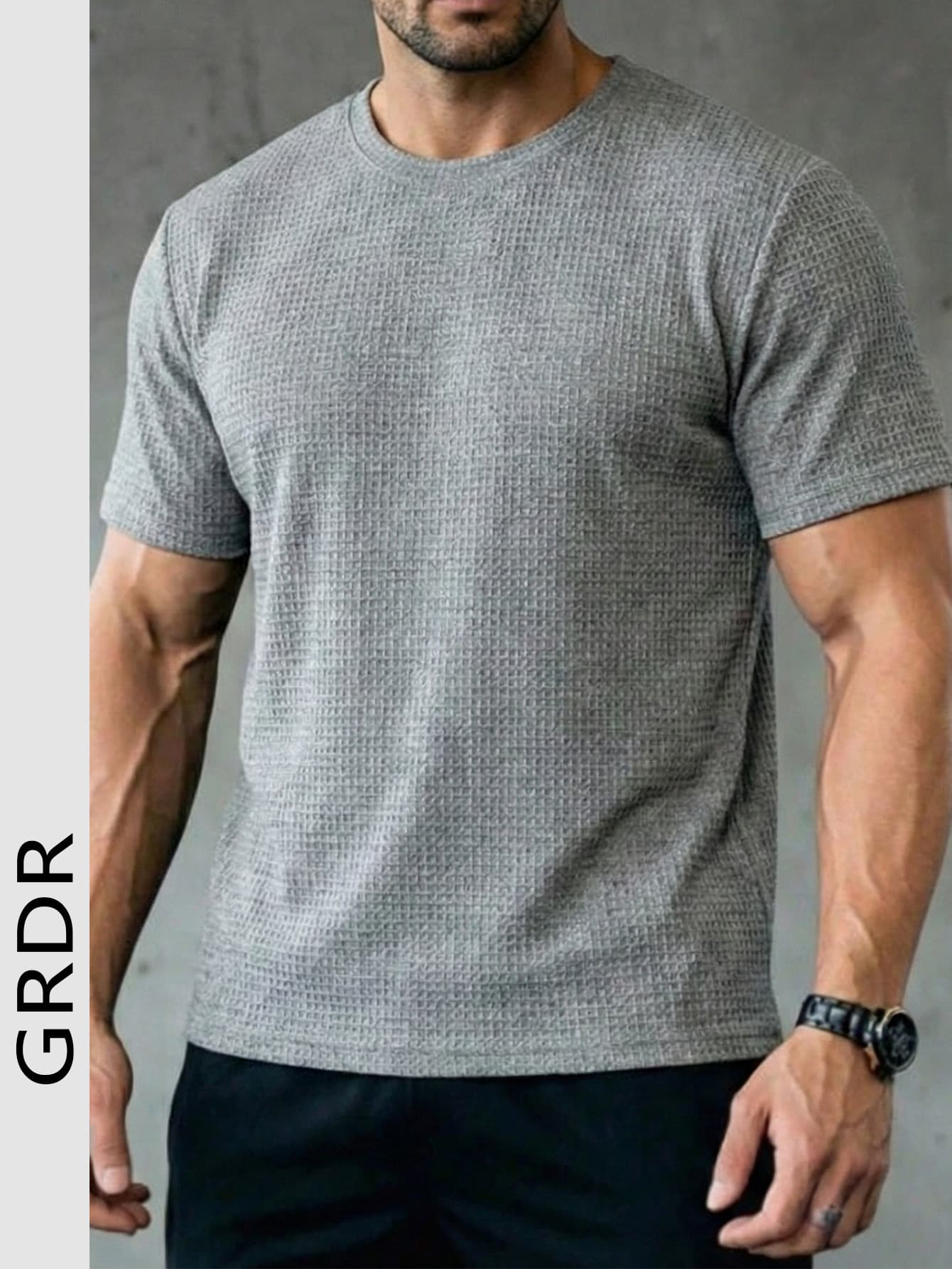 GRDR Summer Waffle Knit Round Neck T-Shirt, Slim Fit Commuter Casual Men's New Breathable Short Sleeve Top - Light Grey - View 1