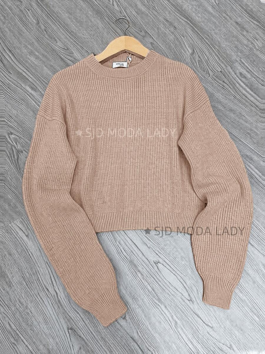 SJD MODA LADY Women's Striped Modal Knit Sweater, Solid Cropped Top For Women, Perfect For Autumn, Winter, LA Top, Off-The-Shoulder, Round Neck, Long Sleeves, Daily Wear, Office, Magazine Style, , Romantic, Retro, Casual, Chic, College, Minimalist, Versatile, Korean, Y2K, Teen, Youth - 米色 - 查看 1