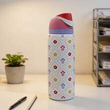 Owa Laa Colored Flower Design Large Capacity Stainless Steel Water Bottle,32oz/945ml,With A Straw,Exquisite Appearance,Keeps Drinks Hot Or Cold,Can Hold Iced Drinks And Water,Suitable For Leisure,Work,Sports,Indoors And Outdoors,Suitable For Students And Office Workers,As A Gift - 白色 - 查看 2