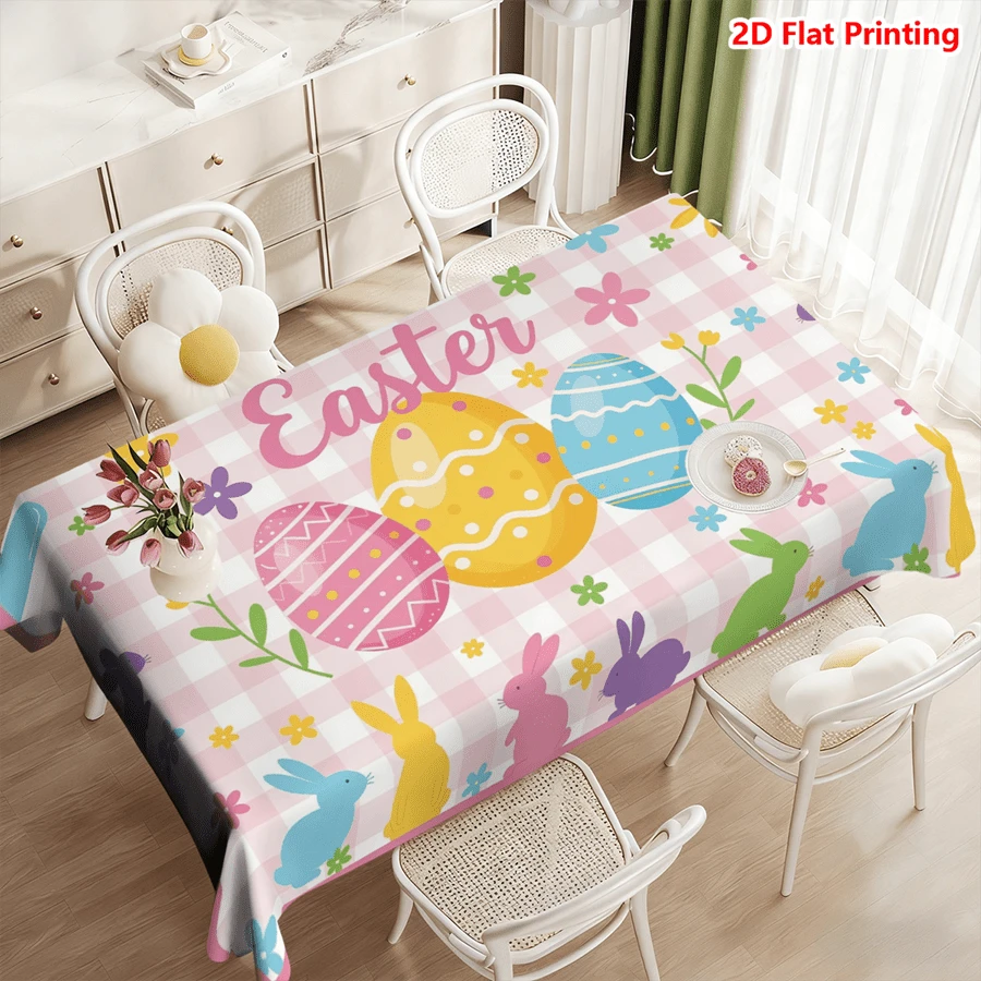 1/20件装复活节桌布，粉色格子底，饰有彩色彩蛋、兔子和鲜花图案，适用于厨房、餐厅、派对装饰，季节性家居使用，复活节主题装饰桌布 - 彩色 - 查看 1