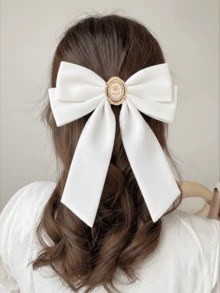 2个白色天鹅绒蝴蝶结发夹，复古法式蝴蝶结发饰，饰有仿珍珠玫瑰浮雕，美观大号丝带蝴蝶结发夹，长尾设计，优雅发饰，适合派对、婚礼、夏季、假日、旅行、节日、生日等场合。 - 白色 - 查看 6