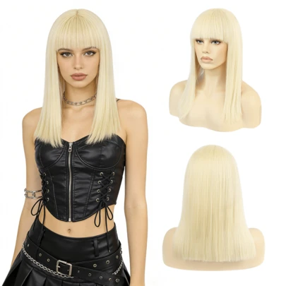 Light Blonde Straight Bob Wig With Bangs, K-Pop Style, High Quality Wigs For Ladies & Cosplay Enthusiasts