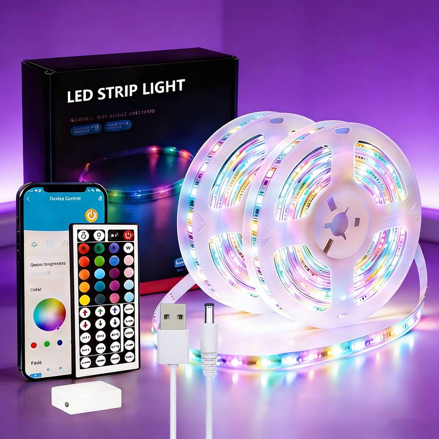 100FT 50FT RGB LED Strip, USB 5V 12LEDs/M, Smart App And 44 Keys Remote, Music Sync LED Lights For Bedroom TV Backlight - 多色光 - 查看 1