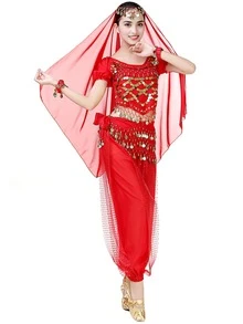 两件套女士肚皮舞服装，包括短袖上衣和哈伦裤，成人练习服 - 彩色 - 查看 4