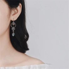 一对波西米亚复古镶嵌合成绿松石吊坠耳环，时尚珠宝，女士婚礼派对礼物 - 復古銀色 - 查看 6