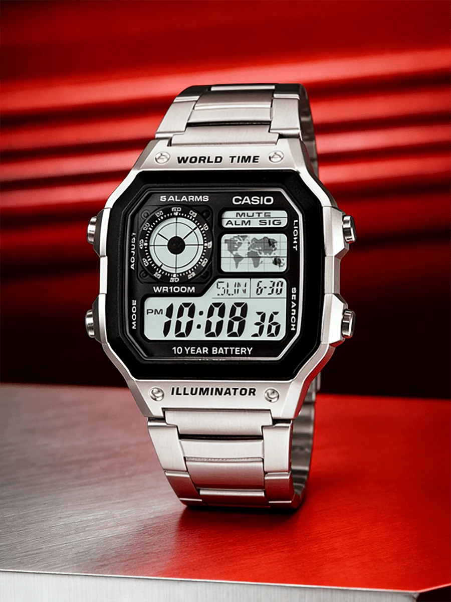 Casio Đồng hồ điện tử thời trang unisex, dây đeo thép không gỉ kiểu cổ điển, mặt vuông, tích hợp lịch, báo thức và bấm giờ, chống nước, phù hợp đeo hàng ngày B650WC-5A/AE-1200WHD-1A - Đen và trắng - Xem 1