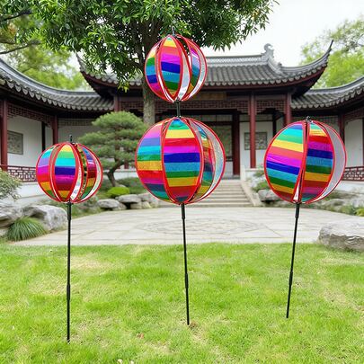 1pc Outdoor Decor Striped Wind Spinner, Colorful Film Iridescent Pinwheel, Wind Vane, Iridescent Reflective Spherical Pinwheel, Suitable For Scenic Spots, Gardens, Courtyards, Lawns And Gardening Decor