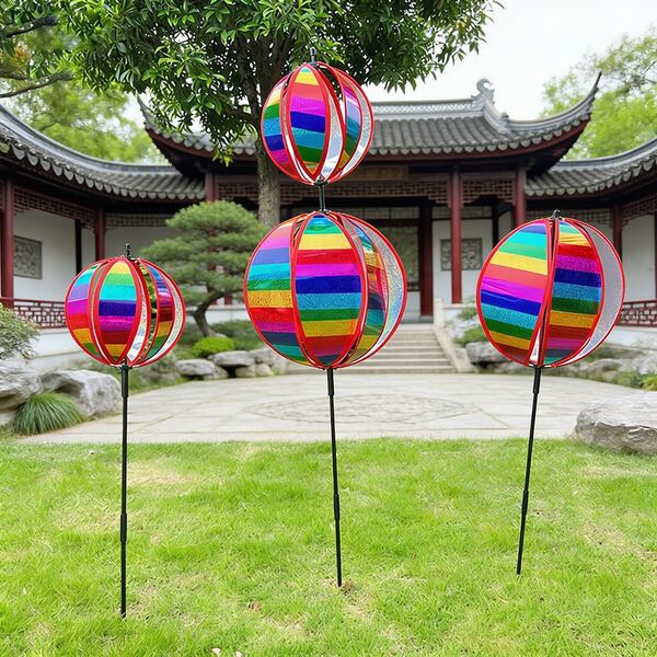1pc Outdoor Decor Striped Wind Spinner, Colorful Film Iridescent Pinwheel, Wind Vane, Iridescent Reflective Spherical Pinwheel, Suitable For Scenic Spots, Gardens, Courtyards, Lawns And Gardening Decor