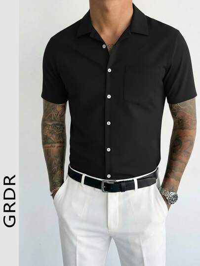  GRDR Summer Black Cuban Collar Short Sleeve Shirt For Men, American Streetwear Business Casual Slim Fit Versatile Commuter Polo Collar Top