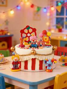1个马戏团主题软橡胶人偶蛋糕装饰摆件，包括小丑、大象、狮子和帐篷，适合儿童生日派对装饰。非玩偶。仅供装饰。请远离儿童。 - 彩色 - 查看 3