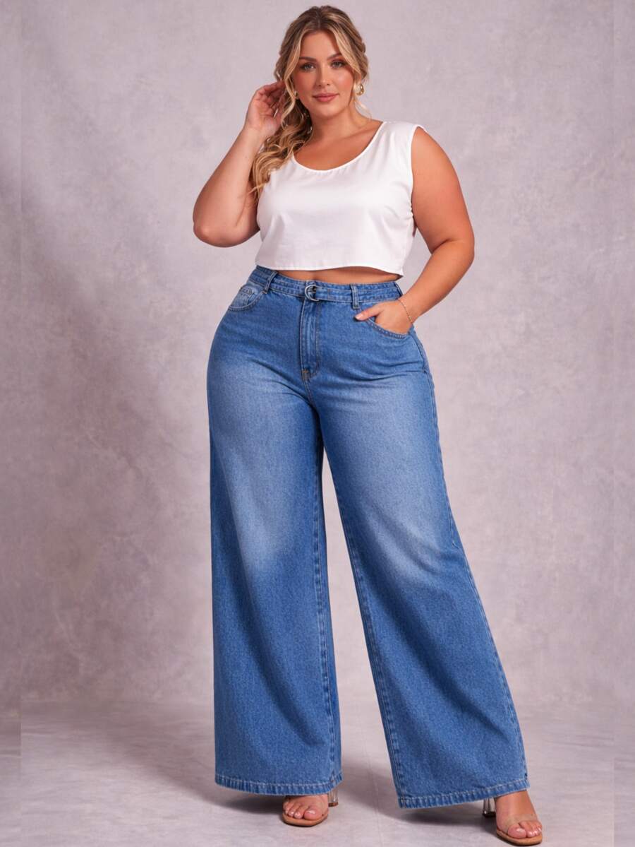 BNB Calça Wide leg Plus Size Feminina Cintura Alta
