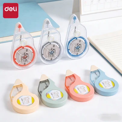  1pc Deli High Capacity Correction Tape 5mm*12m, Random Color, Portable, Smooth, White, No Drying Time, No Pollution, Correction Tool Suitable For School, Office, Student, Daily Writing, Stationery