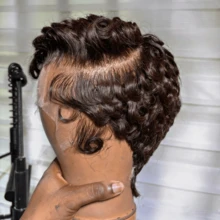 Dark Brown Culry Lace Front Wig For Women Short Bob Wig Human Hair Pre Plucked Pixie Cut Wig 13x4 Lace Wig With Baby Hair Color #2 200% Density - S2 - View 6