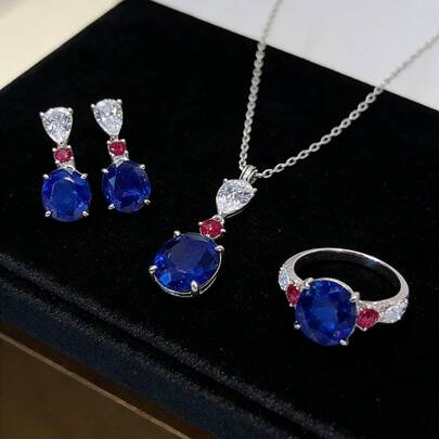 1件欧美流行的钛钢项链和项圈，蓝色水滴形椭圆形小巧清新合金吊坠，韩版戒指，适合作为送给女朋友和闺蜜的套装礼物。