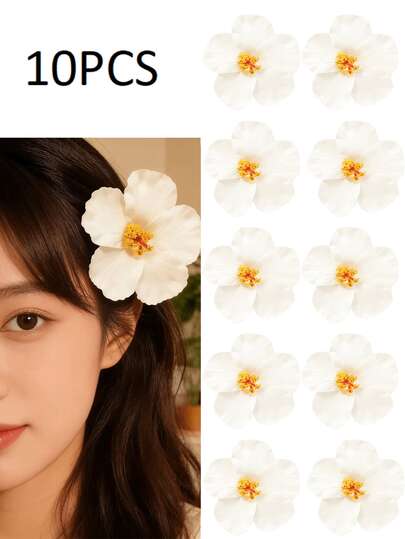 1/10pcs Large White Hibiscus Flower Hair Clips For Women, Artificial Flower Side Clips, Sweet & Cute, Bohemian Style, Suitable For Hawaii Vacation, Party, Valentine's Day, Mother's Day, Photography Props, Wedding Hair Accessories