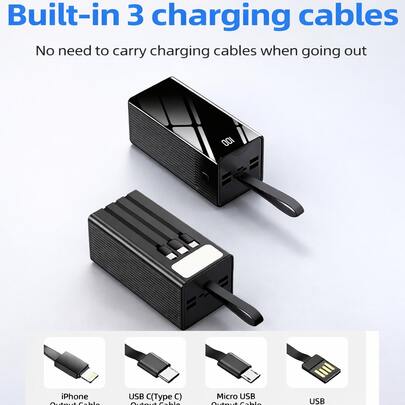 50000mAh Portable Power Bank With Built-In 3 Cables, 22.5W Fast Charging Battery Pack, Multi-Device Charging, LED Display & Flashlight, Travel Essential