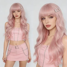 粉色渐变长卷发假发，带刘海，高品质耐热发丝，多功能假发，适合动漫角色扮演和韩流偶像造型 - 粉色 - 查看 2