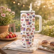 mikenda 1pc 40oz Cute Cartoon Dog & Rainbow Print Stainless Steel Tumbler With Handle & Straw Lid, Vacuum Insulated Travel Mug, Large Capacity Thermal Water Bottle, Keep Hot 12H Cold 24H, Fits Car Cup Holder, Gift For Women & Girls - White - View 7