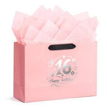 16th Birthday Gift Bag Set - Elegant Pink Paper Bag Containing 2 Sheets Of Gift Wrapping Paper And 1 Greeting Card. Reusable Happy Birthday Gift Bag, Suitable For Ladies Anniversary Party Favors - Fashionable Women Gift Packaging. - 16 - View 2