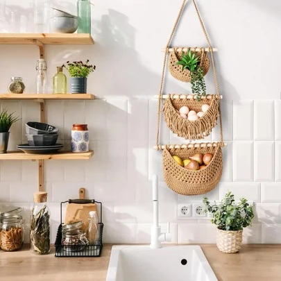 1pc Bohemian Style Three-Layer Wall-Mounted Fruit And Vegetable Mesh Bag, Hand-Woven Bohemian Style Wall-Mounted Storage Rack, Kitchen Storage And Decoration Items, Suitable For Bathroom, Bedroom, Living Room - Decorative Wall-Mounted Pockets That Can Hold Plants And Toiletries.