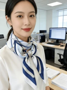 1条女士复古马术元素小方巾，经典优雅围巾 - 藍白色 - 查看 5