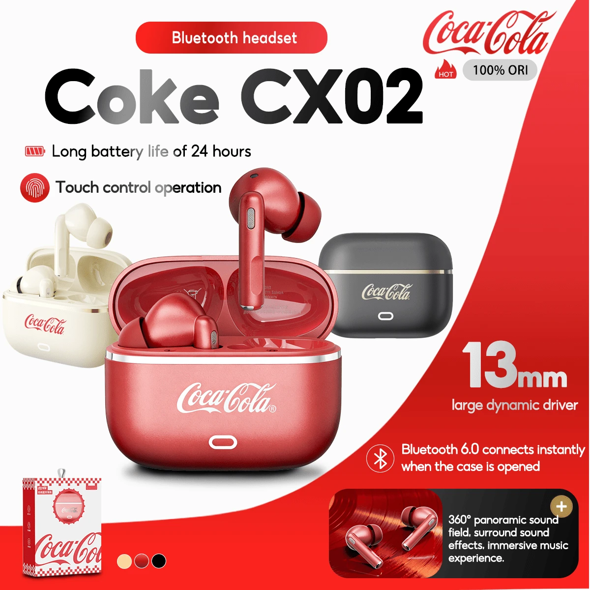 Coca Cola Coca-Cola Earphones CX02 In Ear Bluetooth 6.0 Surround Sound With Mic - View 1