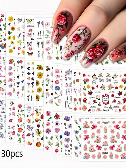 30Pcs Flower & Butterfly Nail Art Stickers Decals, 30 Sheets 3D Colorful Spring Floral Nail Decals 3D Self-Adhesive Pink White Daisy Heart Star Nail Stickers For Nail Art Design Flowers For Women Nails